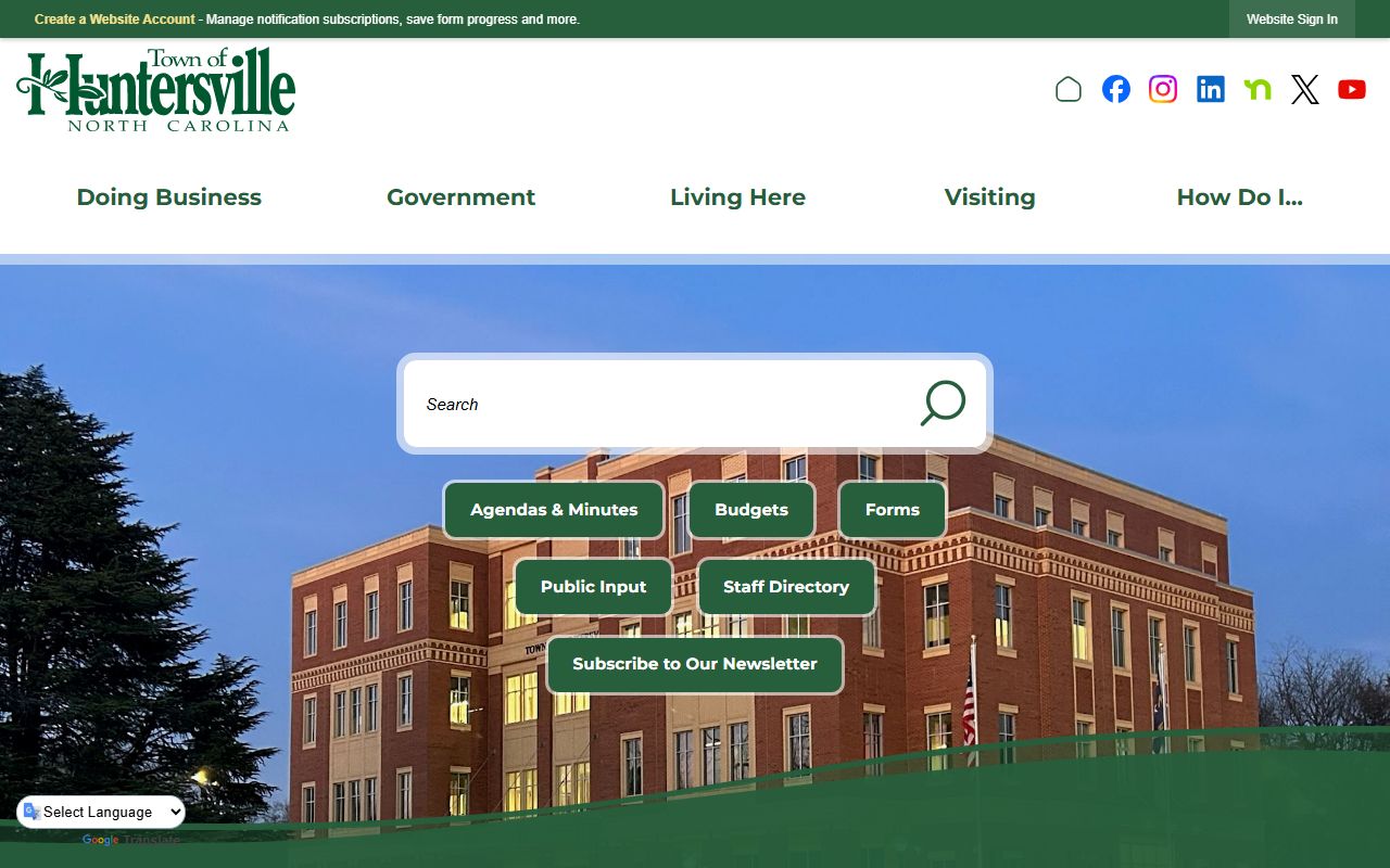 Huntersville town government homepage for public records access