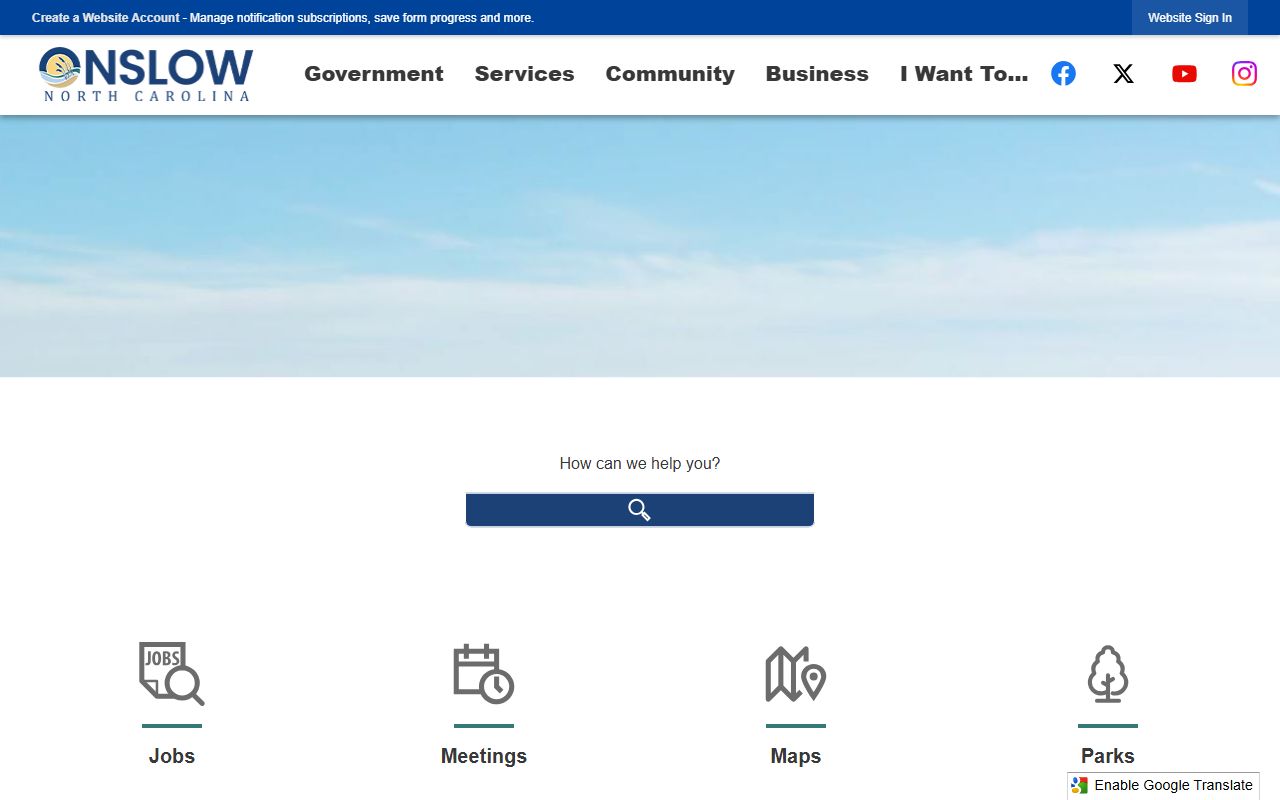 Onslow County government homepage for public records in Jacksonville area