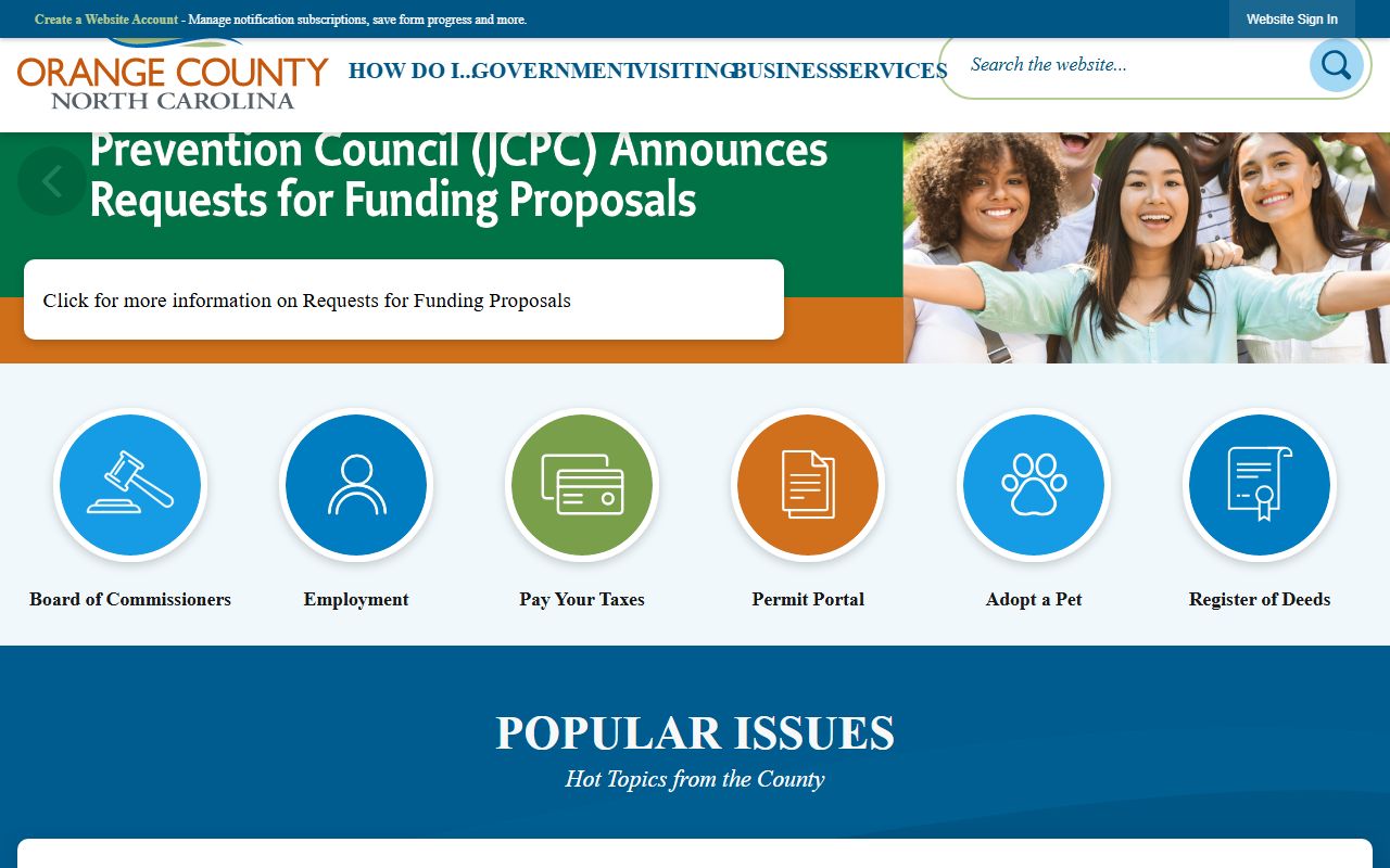 Orange County government homepage for public records in North Carolina