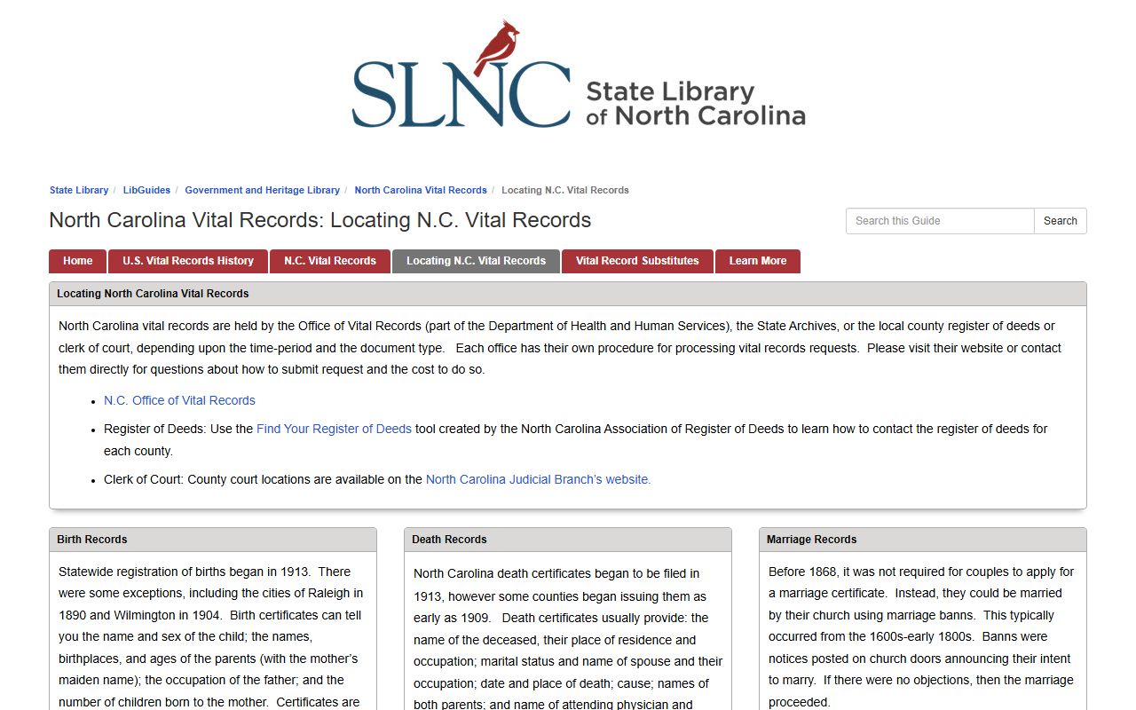 North Carolina State Library vital records guide for public records