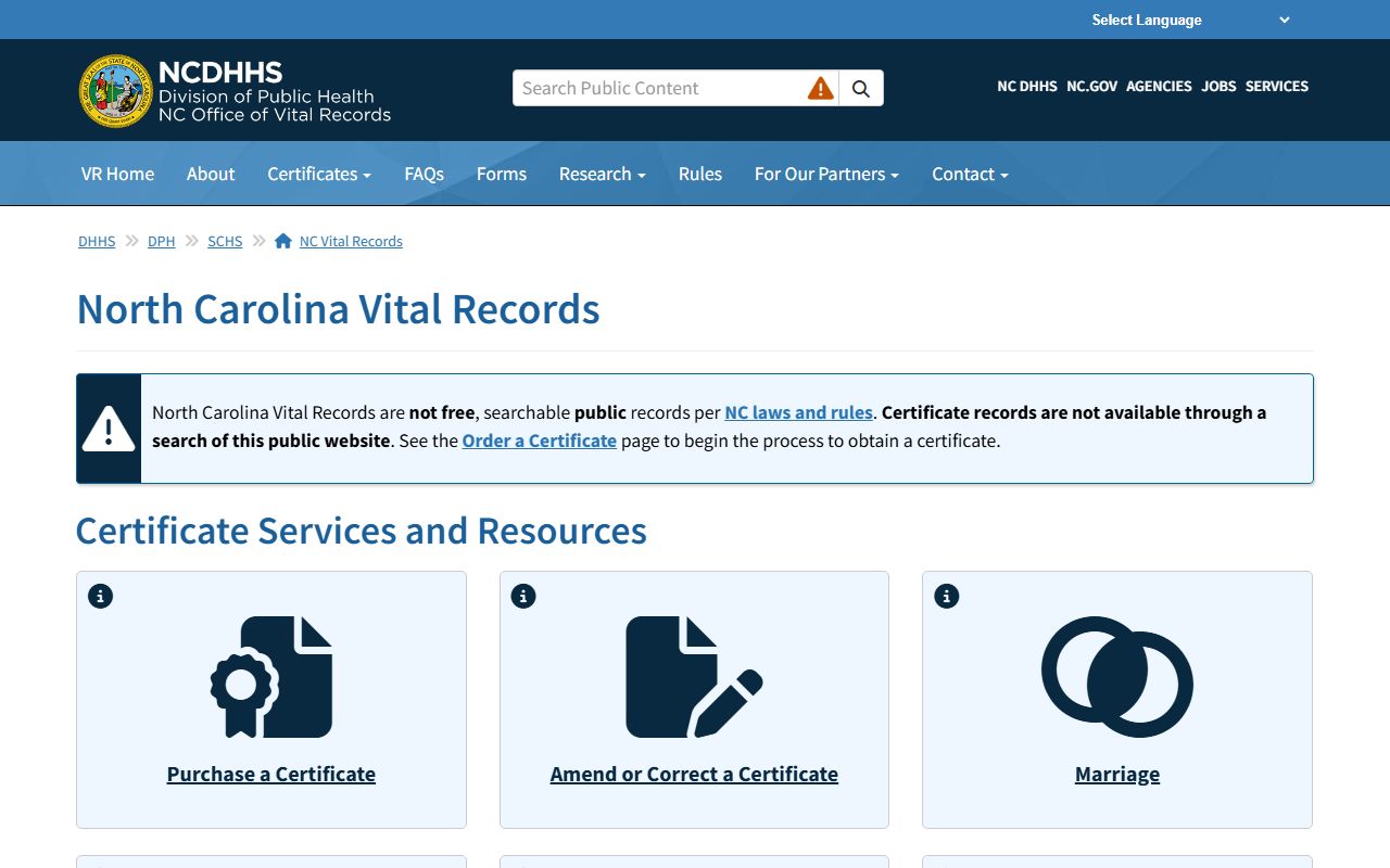 North Carolina Vital Records office for public records