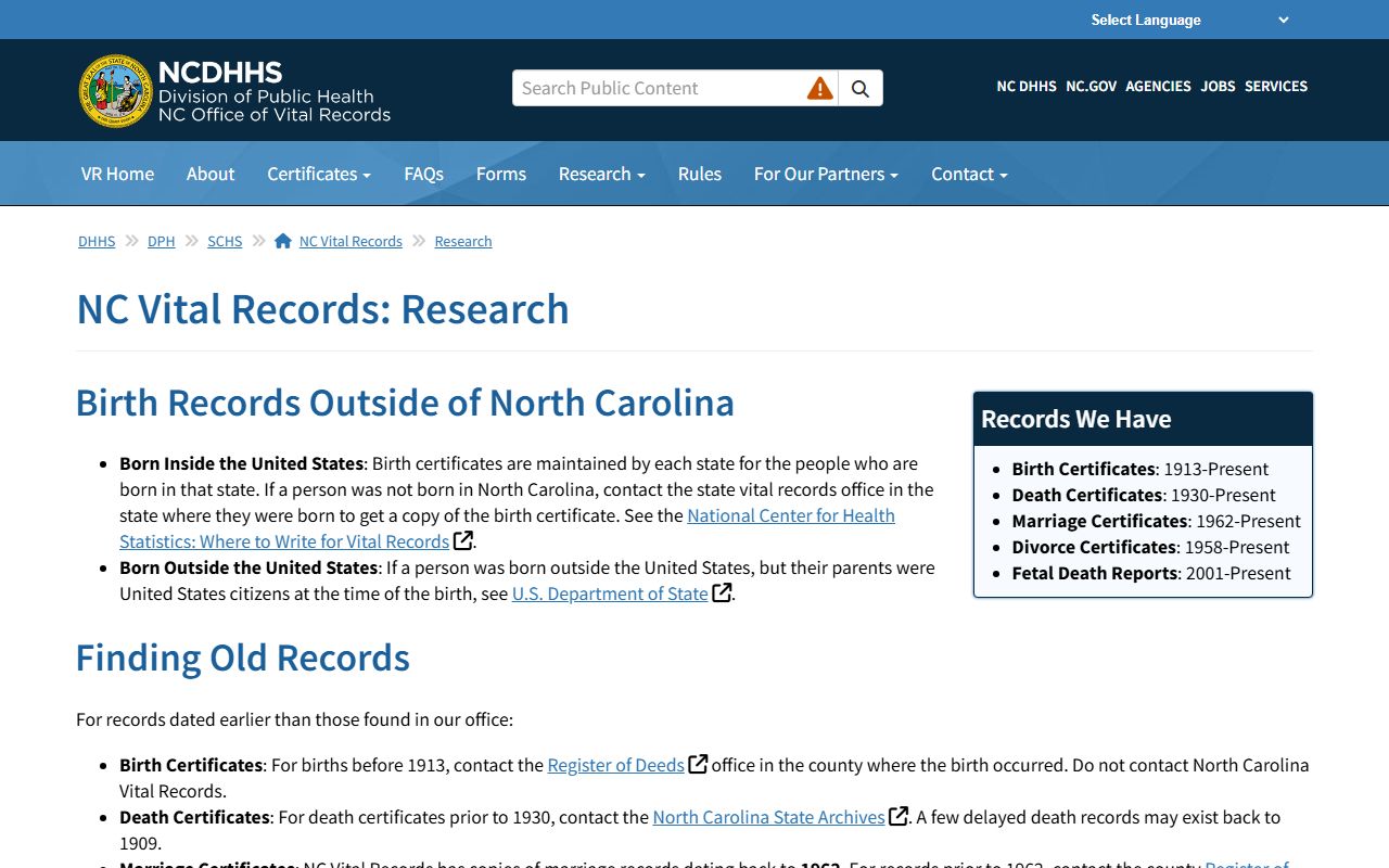 North Carolina Vital Records research page for public records